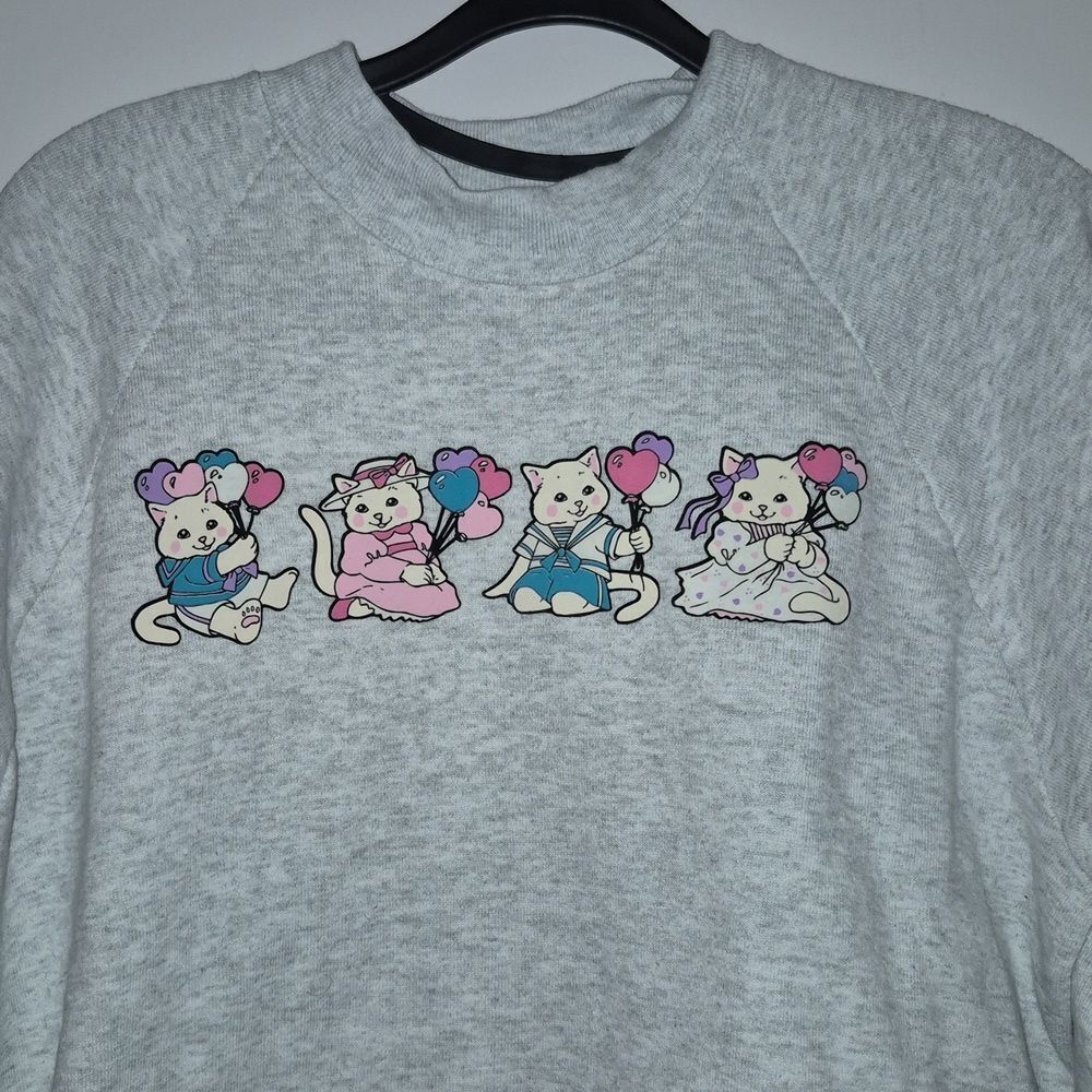 Vintage Fruit of the Loom Women Cats With Heart Balloons Grey Sweatshirt M. - Picture 2 of 9